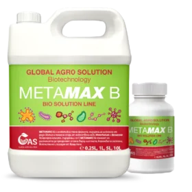 „Zwei Behälter mit dem Flüssigdünger METAMAX B aus der BIO SOLUTION LINE von GLOBAL AGRO SOLUTION – ein großer weißer Kanister mit Griff und eine kleinere Flasche, beide mit grünem Etikett und Illustrationen von Mikroorganismen