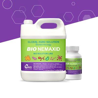 Zwei Behälter des Produkts BIO NEMAXID von Global Agro Solution – Biotechnologische Lösung zur natürlichen Bekämpfung von Nematoden.