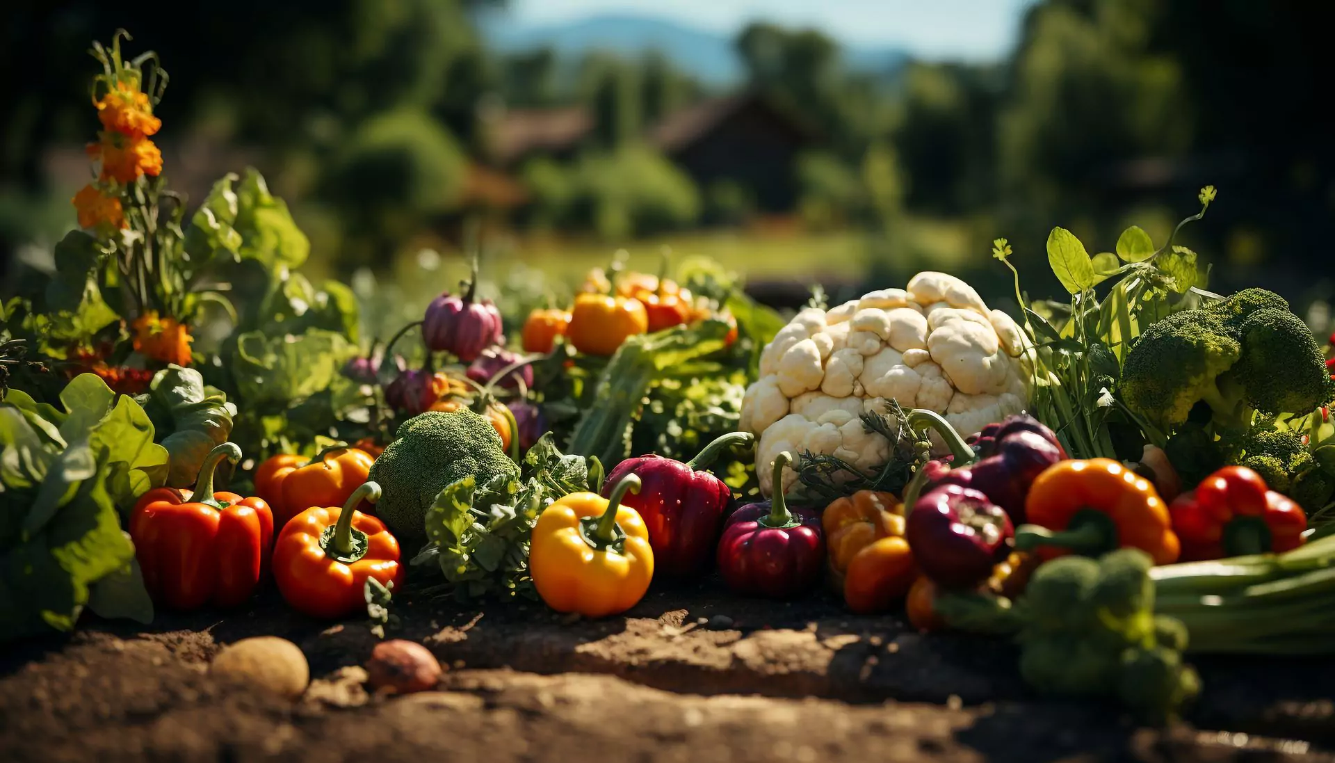 Frisches buntes Bio-Gemüse auf einem Feld, darunter Paprika, Brokkoli, Blumenkohl und Salat, sonniger Tag, gesunde Ernährung