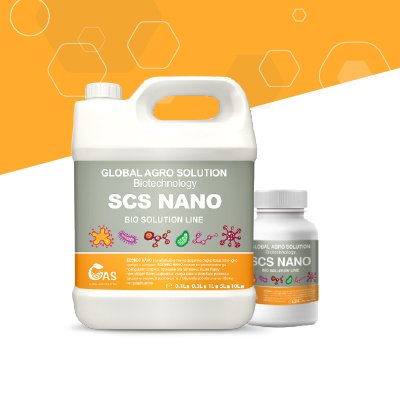 Zwei Behälter des Produkts SCS NANO von Global Agro Solution – Biotechnologische Lösung mit Nanotechnologie zur Förderung gesunder Pflanzen und Bodenmikrobiologie.